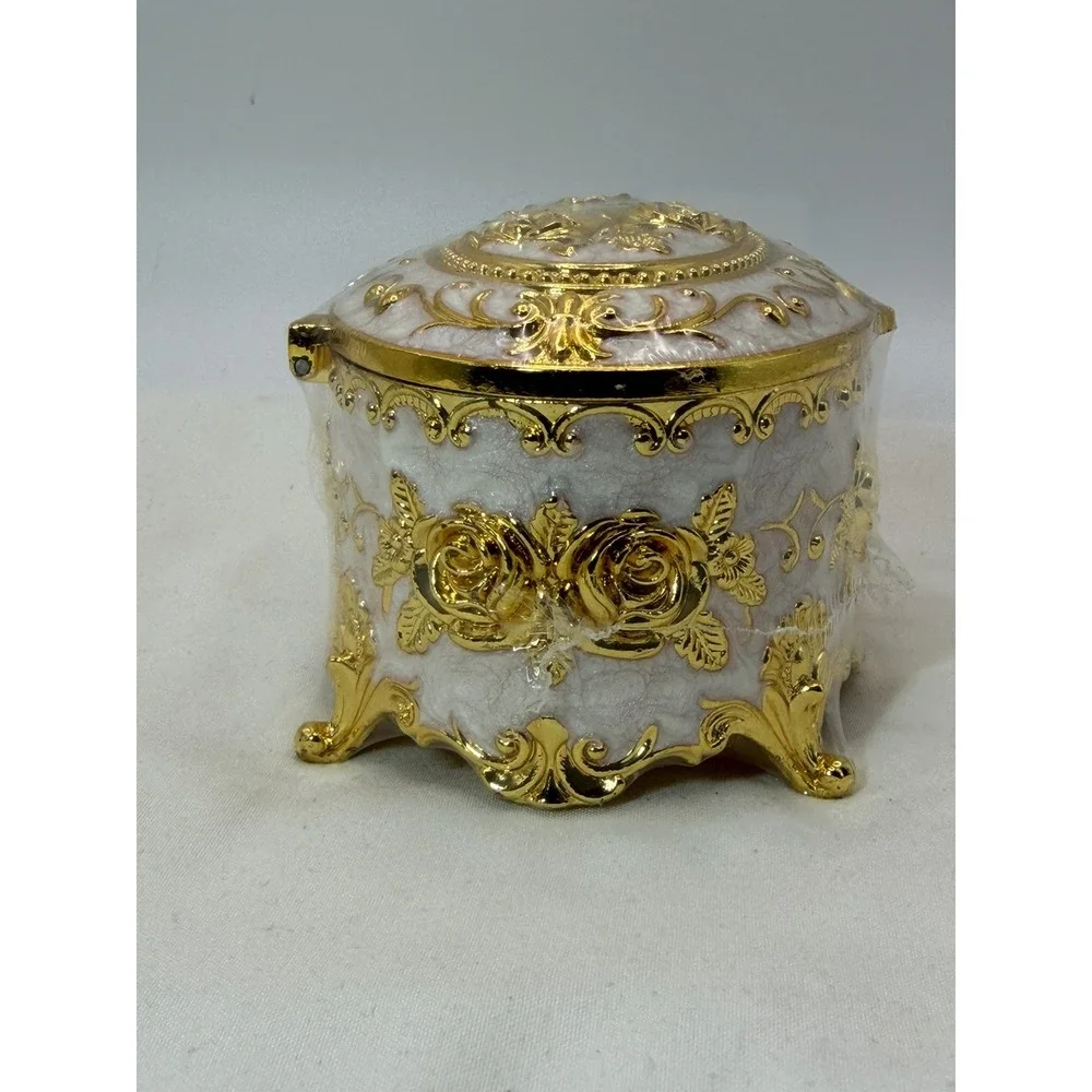 Vintage Trinket Jewelry Box Rose Gold Ornate Antique Box